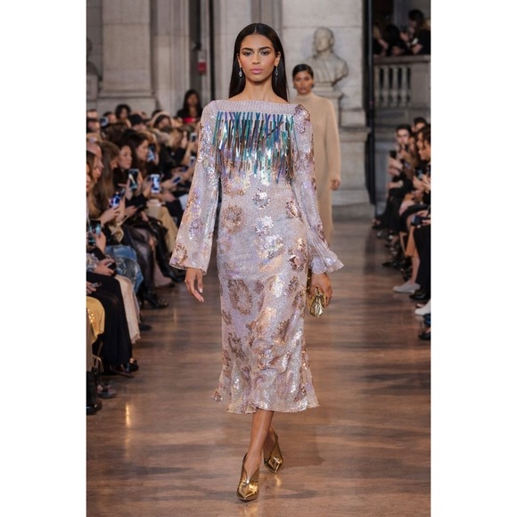 Talbot Runhof Iridescent Sequin Fringe Midi Dress 8 Runway Rare Camp  Editorial
